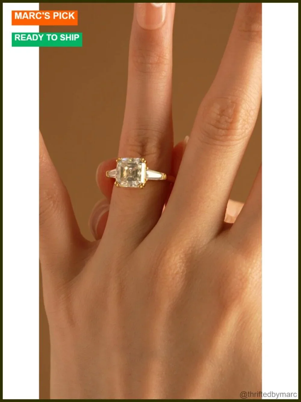 3ct Asscher Moissanite Engagement Ring 18K Gold Plated 925 Silver